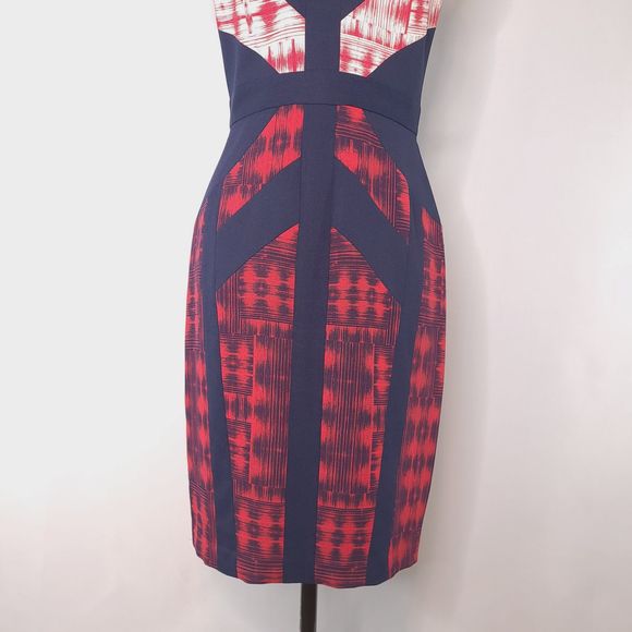 BCBGMaxazria Averie Ikat Red Blue Sheath Dress - Picture 4 of 9